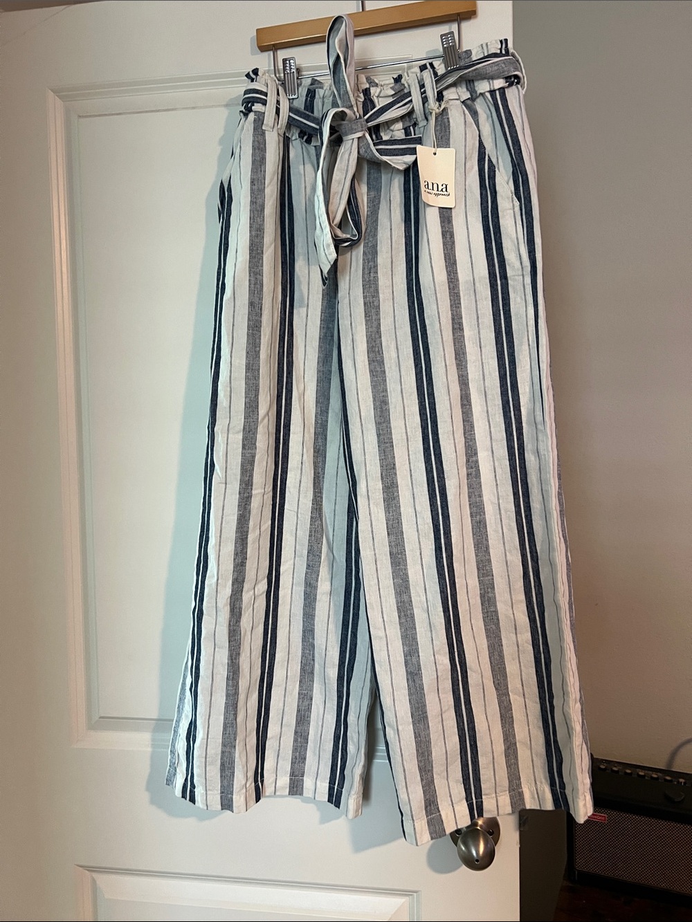 Striped Paperbag Waist Wide Leg Pants - Blue & White
